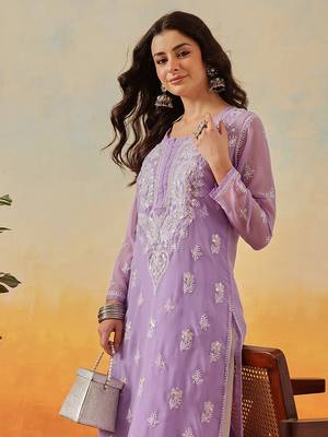 Women Hand Embroidered Mauve Georgette Lucknow Chikan Kurta And Slip With Gota Patti Work 5