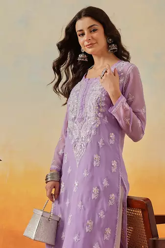 Women Hand Embroidered Mauve Georgette Lucknow Chikan Kurta And Slip With Gota Patti Work