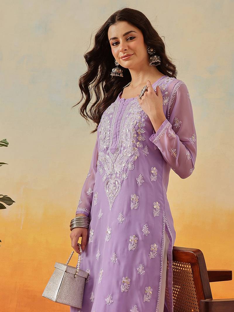 Women Hand Embroidered Mauve Georgette Lucknow Chikan Kurta And Slip With Gota Patti Work