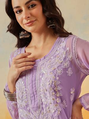 Women Hand Embroidered Mauve Georgette Lucknow Chikan Kurta And Slip With Gota Patti Work 6