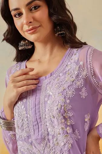 Women Hand Embroidered Mauve Georgette Lucknow Chikan Kurta And Slip With Gota Patti Work