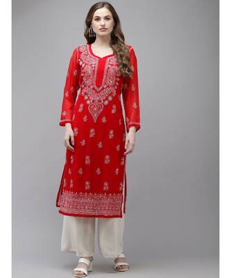 Women Hand Embroidered Red Georgette Lucknow Chikan Kurta With Slip 1