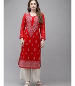 Women Hand Embroidered Red Georgette Lucknow Chikan Kurta With Slip