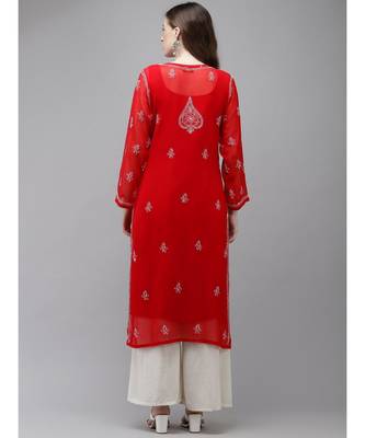 Women Hand Embroidered Red Georgette Lucknow Chikan Kurta With Slip 2