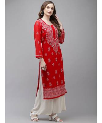 Women Hand Embroidered Red Georgette Lucknow Chikan Kurta With Slip 3