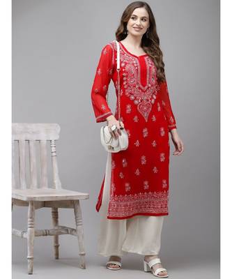 Women Hand Embroidered Red Georgette Lucknow Chikan Kurta With Slip 4