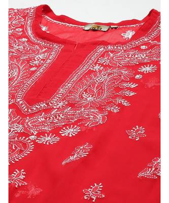 Women Hand Embroidered Red Georgette Lucknow Chikan Kurta With Slip 5