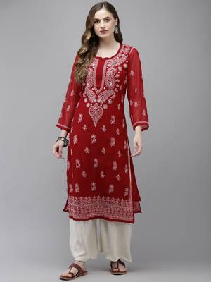 Women Hand Embroidered Maroon Georgette Lucknow Chikan Kurta With Slip 1