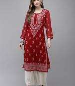 Women Hand Embroidered Maroon Georgette Lucknow Chikan Kurta With Slip