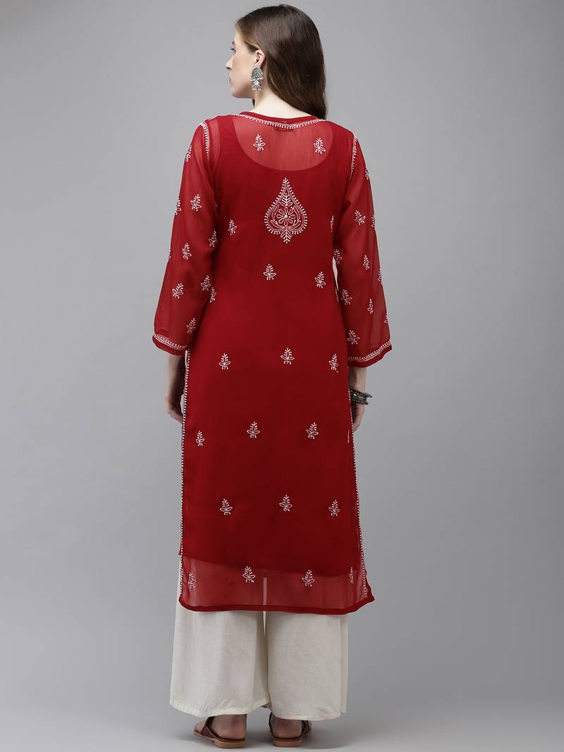 Women Hand Embroidered Maroon Georgette Lucknow Chikan Kurta With Slip