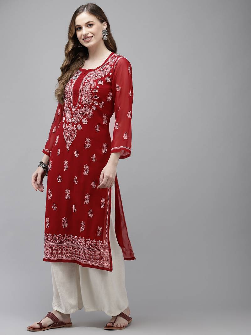 Women Hand Embroidered Maroon Georgette Lucknow Chikan Kurta With Slip