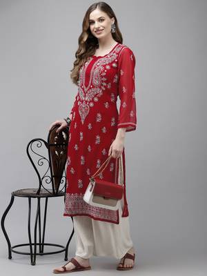 Women Hand Embroidered Maroon Georgette Lucknow Chikan Kurta With Slip 4