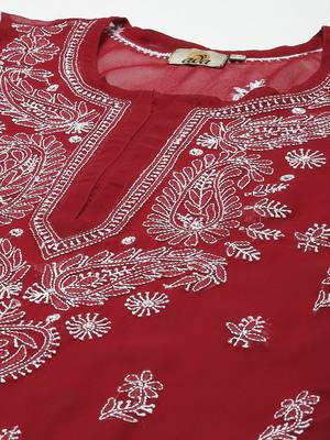 Women Hand Embroidered Maroon Georgette Lucknow Chikan Kurta With Slip 5