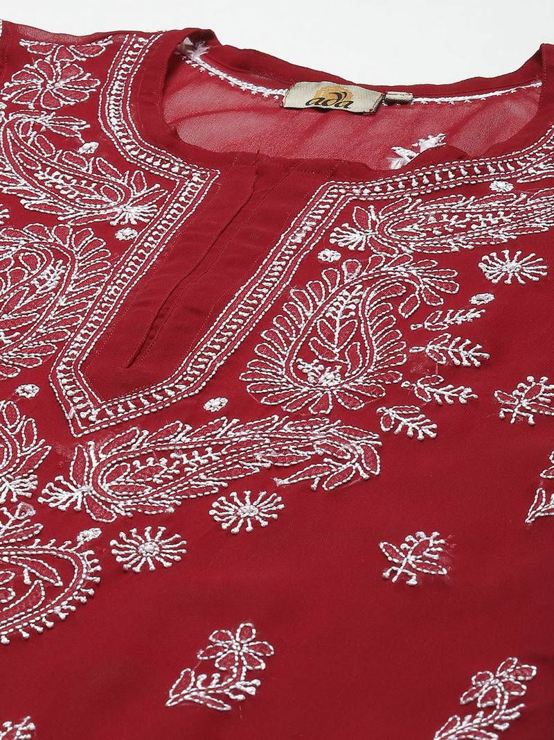 Women Hand Embroidered Maroon Georgette Lucknow Chikan Kurta With Slip