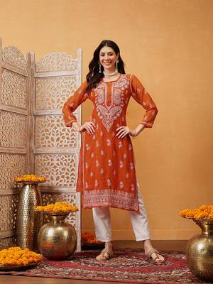 Women Hand Embroidered Orange Georgette Lucknow Chikan Kurta With Slip 1