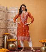 Women Hand Embroidered Orange Georgette Lucknow Chikan Kurta With Slip