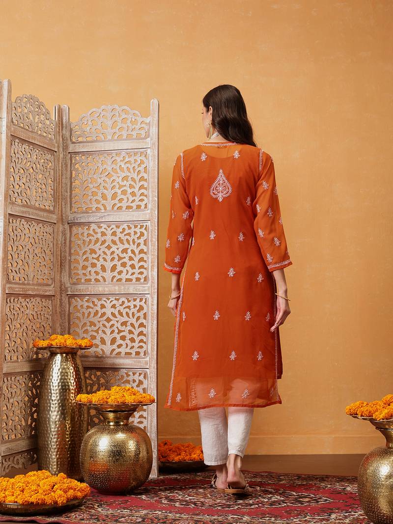 Women Hand Embroidered Orange Georgette Lucknow Chikan Kurta With Slip