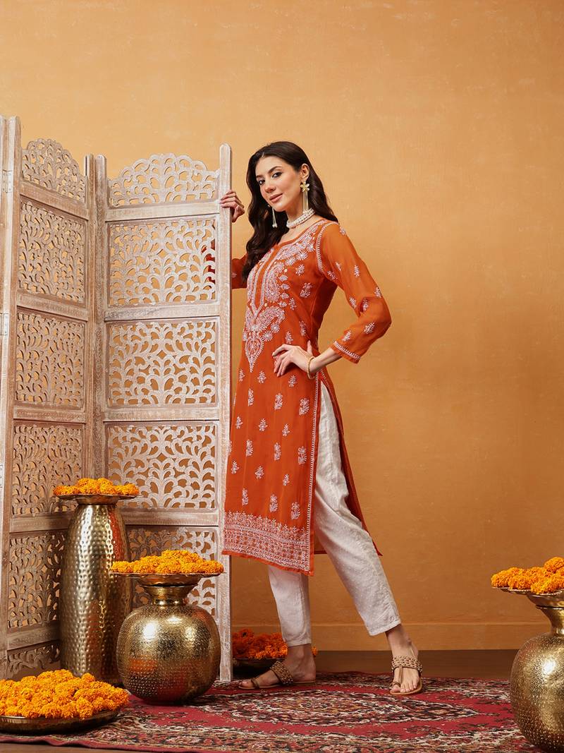 Women Hand Embroidered Orange Georgette Lucknow Chikan Kurta With Slip