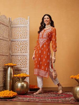 Women Hand Embroidered Orange Georgette Lucknow Chikan Kurta With Slip 4