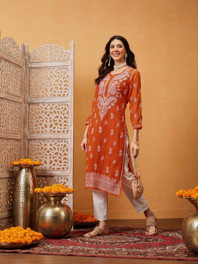 Women Hand Embroidered Orange Georgette Lucknow Chikan Kurta With Slip