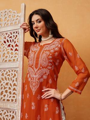 Women Hand Embroidered Orange Georgette Lucknow Chikan Kurta With Slip 5