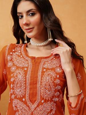 Women Hand Embroidered Orange Georgette Lucknow Chikan Kurta With Slip 6