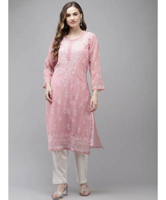 Hand Embroidered Dusty Pink Georgette Lucknow Chikan Kurta With Slip 1