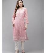 Hand Embroidered Dusty Pink Georgette Lucknow Chikan Kurta With Slip