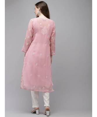 Hand Embroidered Dusty Pink Georgette Lucknow Chikan Kurta With Slip 2