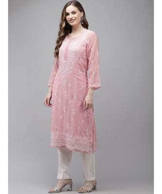 Hand Embroidered Dusty Pink Georgette Lucknow Chikan Kurta With Slip 3