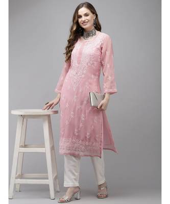 Hand Embroidered Dusty Pink Georgette Lucknow Chikan Kurta With Slip 4