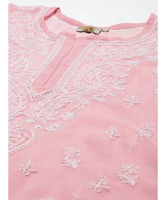 Hand Embroidered Dusty Pink Georgette Lucknow Chikan Kurta With Slip 5