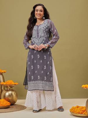 Women Hand Embroidered Grey Georgette Lucknow Chikan Kurta With Slip 1