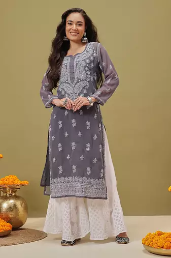Women Hand Embroidered Grey Georgette Lucknow Chikan Kurta With Slip