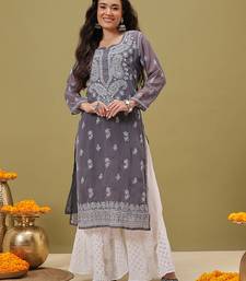 Women Hand Embroidered Grey Georgette Lucknow Chikan Kurta With Slip