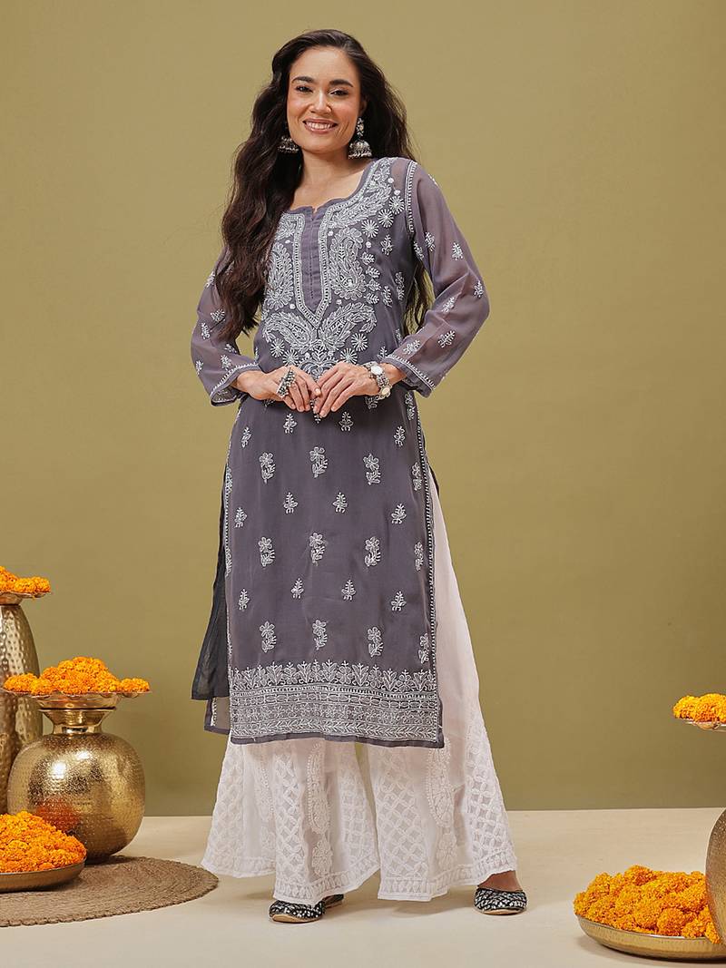 Women Hand Embroidered Grey Georgette Lucknow Chikan Kurta With Slip