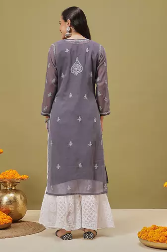 Women Hand Embroidered Grey Georgette Lucknow Chikan Kurta With Slip