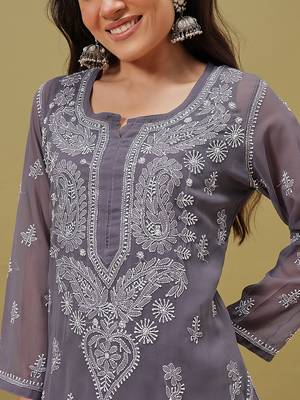Women Hand Embroidered Grey Georgette Lucknow Chikan Kurta With Slip 6