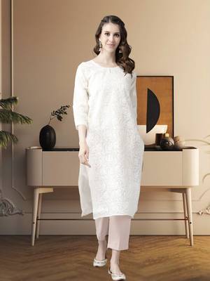 Ada Women Hand Embroidered Cream Cotton Lucknowi Chikan Kurta - A411179 1