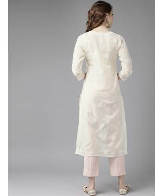 Ada Women Hand Embroidered Cream Cotton Lucknowi Chikan Kurta - A411179 2