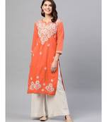 Ada Women Hand Embroidered Coral Orange Cotton Lucknow Chikankari Kurta - A411167