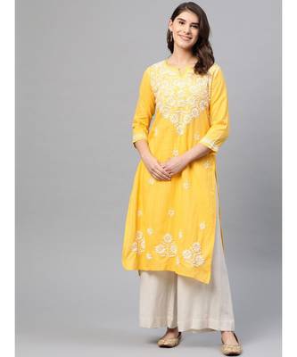 Ada Women Hand Embroidered Yellow Cotton Lucknow Chikankari Kurta - A411166 1