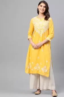 Ada Women Hand Embroidered Yellow Cotton Lucknow Chikankari Kurta - A411166