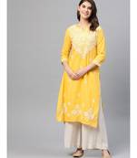Ada Women Hand Embroidered Yellow Cotton Lucknow Chikankari Kurta - A411166
