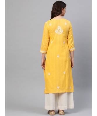 Ada Women Hand Embroidered Yellow Cotton Lucknow Chikankari Kurta - A411166 2