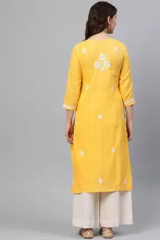 Ada Women Hand Embroidered Yellow Cotton Lucknow Chikankari Kurta - A411166