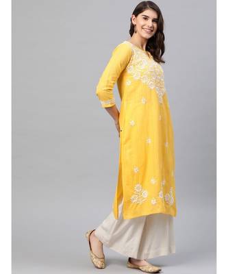 Ada Women Hand Embroidered Yellow Cotton Lucknow Chikankari Kurta - A411166 3