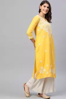 Ada Women Hand Embroidered Yellow Cotton Lucknow Chikankari Kurta - A411166
