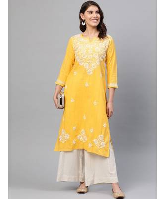 Ada Women Hand Embroidered Yellow Cotton Lucknow Chikankari Kurta - A411166 4