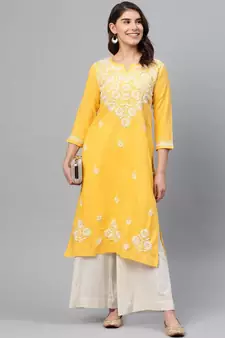 Ada Women Hand Embroidered Yellow Cotton Lucknow Chikankari Kurta - A411166